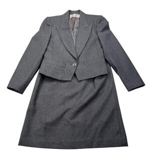 Nan Elliot Grey 100% Pure Wool Cropped Skirt Suit Set 80s VTG 10 Modern Small